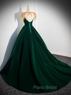 Dark Green Velvet Formal Prom Dresses Vintage Gold Beaded Neckline Evening Gown