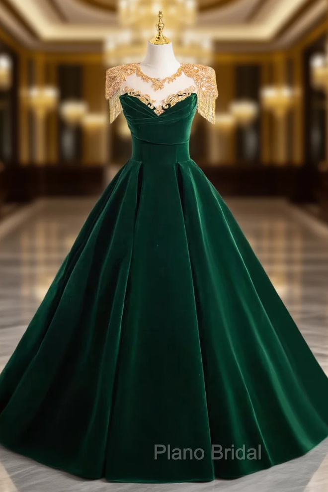 Dark Green Velvet Formal Prom Dresses Vintage Gold Beaded Neckline Evening Gown Main image