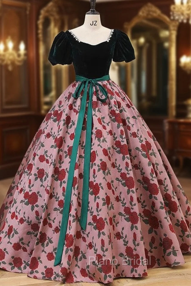 Dark Green Velvet Puff Sleeve Quinceanera Dresses