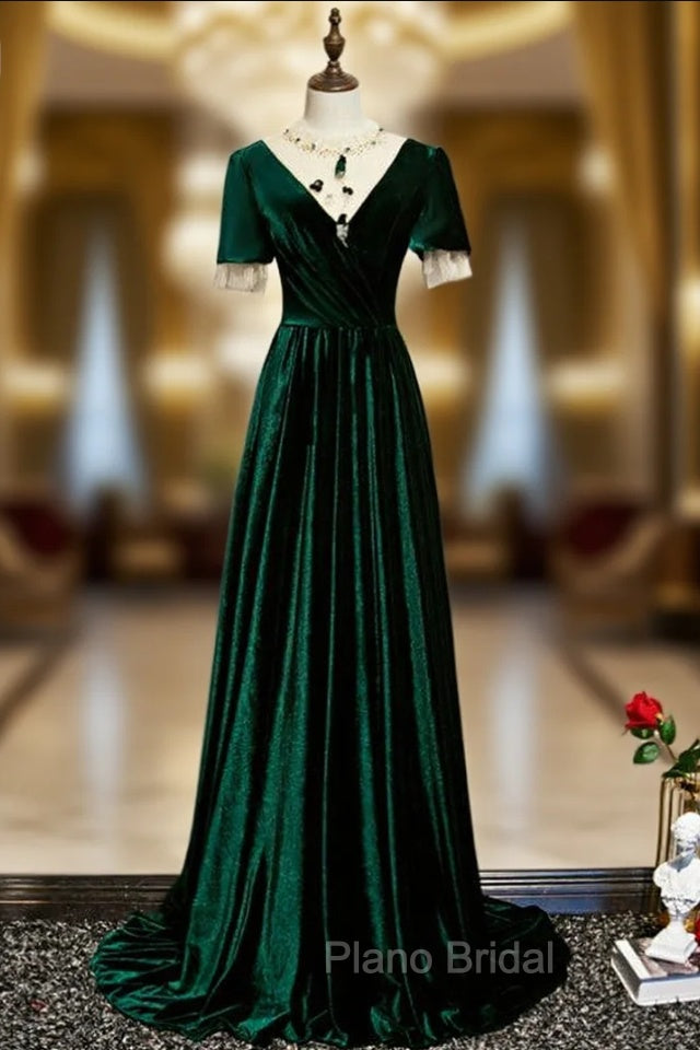 Dark Green Velvet Short Sleeve Open Back Beading Formal Prom Dresses Main image