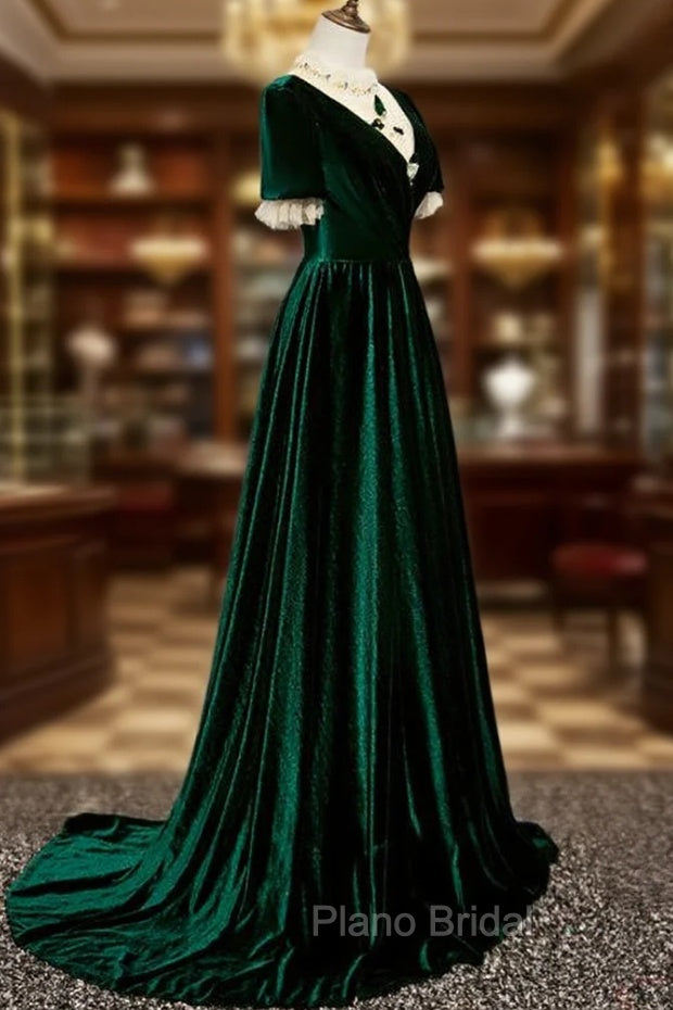 Dark Green Velvet Short Sleeves A-line Bridesmaid Dresses, A-line Wedding Party Dresses Formal Prom Dresses Secondary image