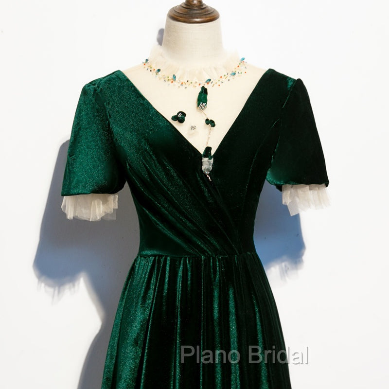 Dark Green Velvet Short Sleeves A-line Bridesmaid Dresses, A-line Wedding Party Dresses Formal Prom Dresses