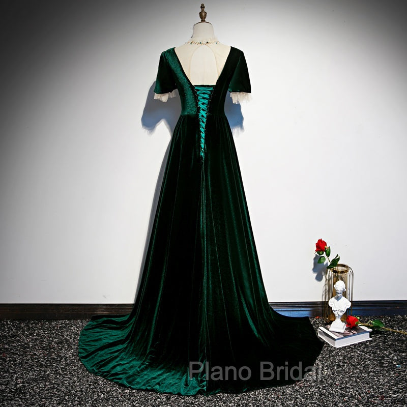 Dark Green Velvet Short Sleeves A-line Bridesmaid Dresses, A-line Wedding Party Dresses Formal Prom Dresses