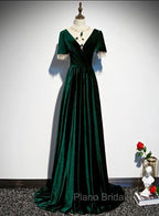 Dark Green Velvet Short Sleeves A-line Bridesmaid Dresses, A-line Wedding Party Dresses Formal Prom Dresses