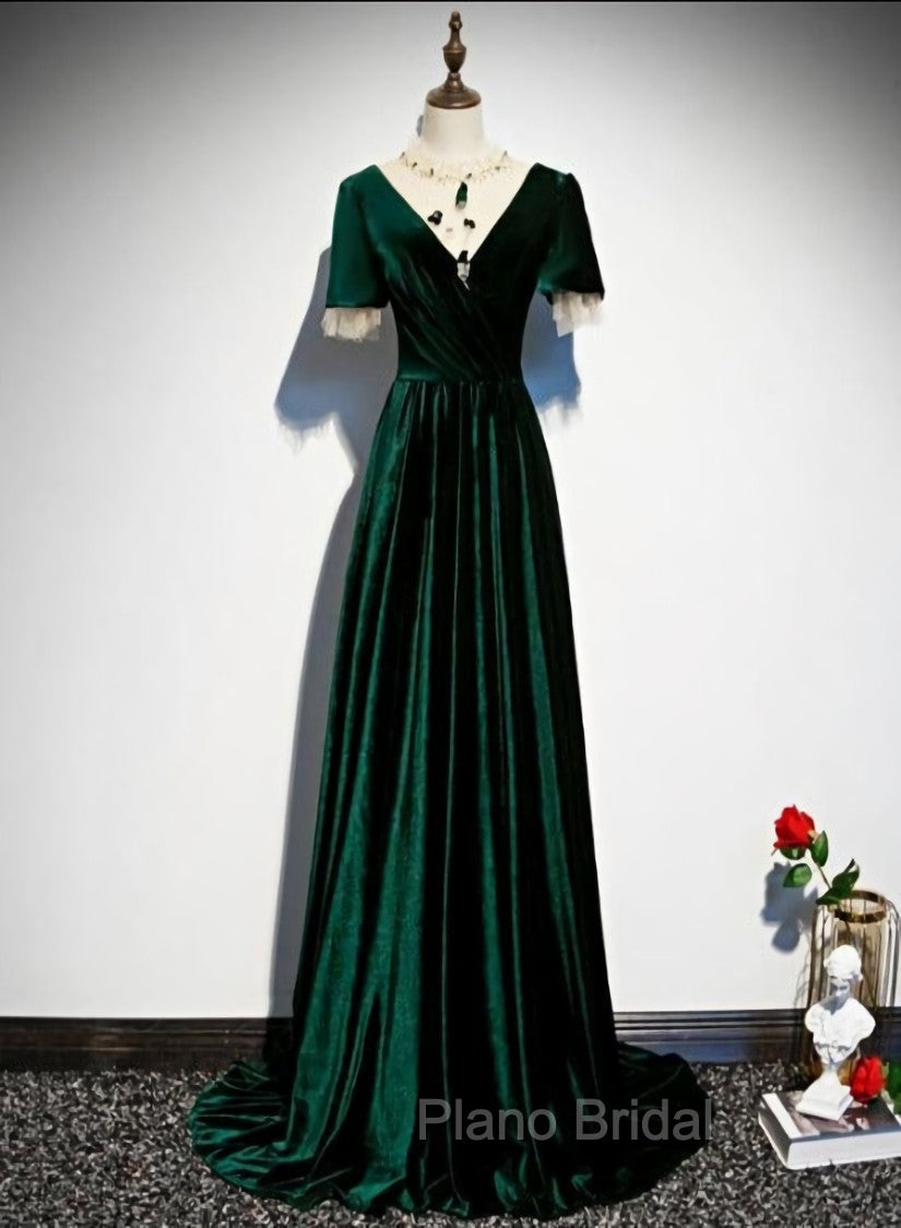 Dark Green Velvet Short Sleeves A-line Bridesmaid Dresses, A-line Wedding Party Dresses Formal Prom Dresses Main image
