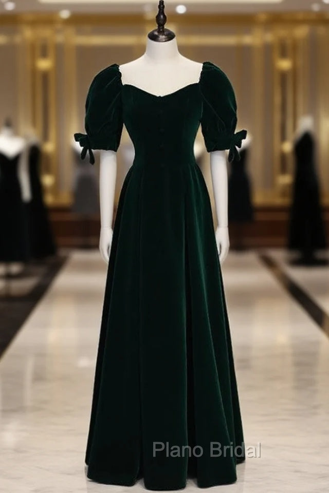 Dark Green Velvet Square Puff Sleeve Formal Prom Dresses Main image