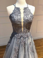 Dark Grey Halter Backless Tulle with Lace Party Dresses A-line Grey Formal Dresses Formal Prom Dresses shops