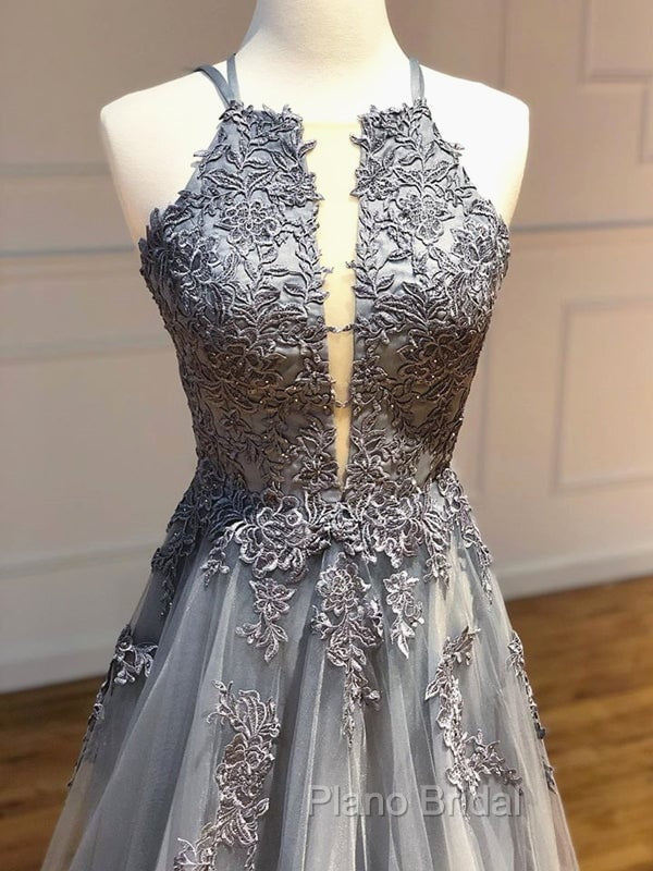 Dark Grey Halter Backless Tulle with Lace Party Dresses A-line Grey Formal Dresses Formal Prom Dresses shops