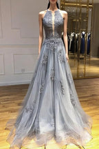 Dark Grey Halter Backless Tulle with Lace Party Dresses A-line Grey Formal Dresses Formal Prom Dresses shops