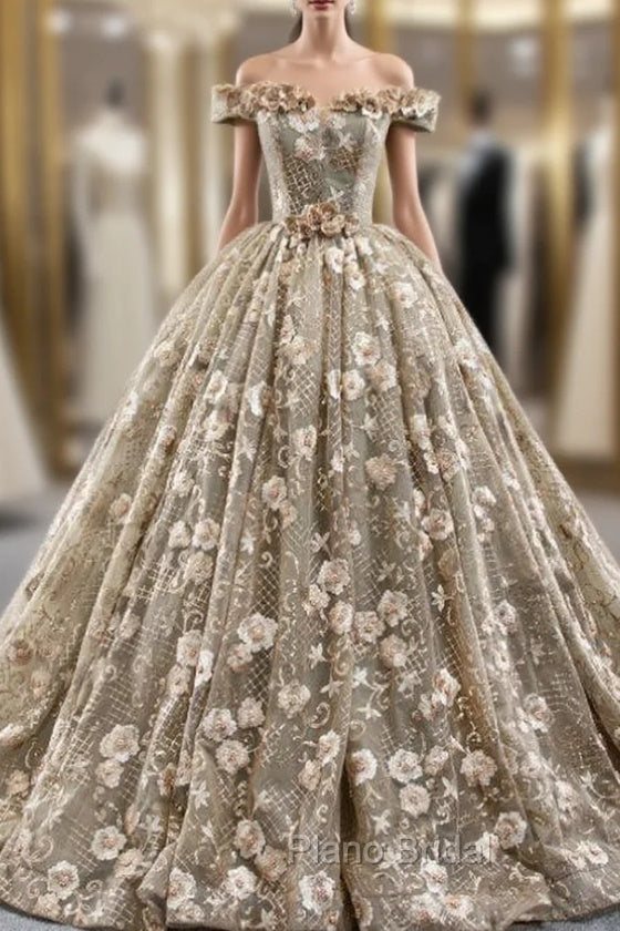 Dark Khaki Ball Gown Tulle Embroidery Appliques Off the Shoulder Formal Prom Dresses Main image
