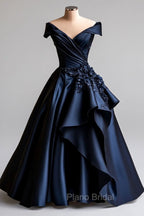 Dark Navy A-Line V Neck Satin Long Formal Prom Dresses Simple Applique Evening Dresses