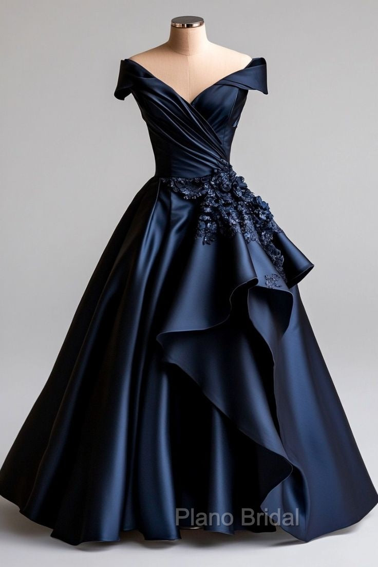 Dark Navy A-Line V Neck Satin Long Formal Prom Dresses Simple Applique Evening Dresses