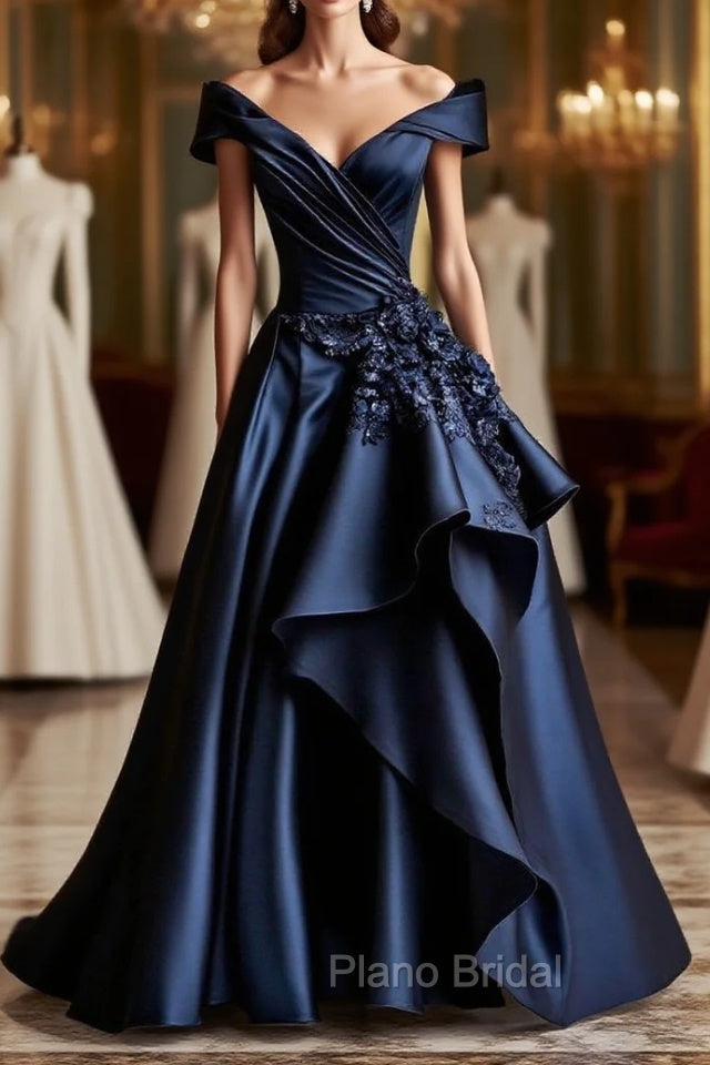 Dark Navy A-Line V Neck Satin Long Formal Prom Dresses Simple Applique Evening Dresses Main image