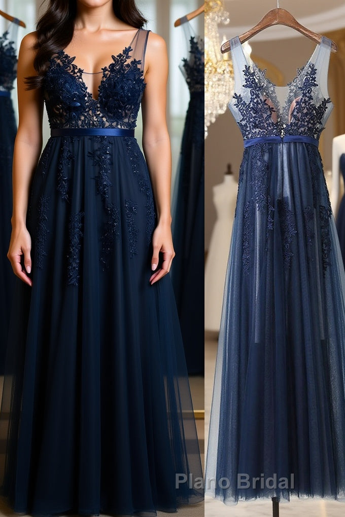 Dark Navy Blue Lace Formal Prom Dresses, Dark Navy Blue Lace Formal Bridesmaid Dresses Main image