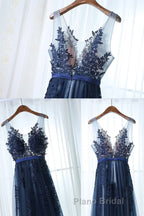 Dark Navy Blue Lace Formal Prom Dresses, Dark Navy Blue Lace Formal Bridesmaid Dresses