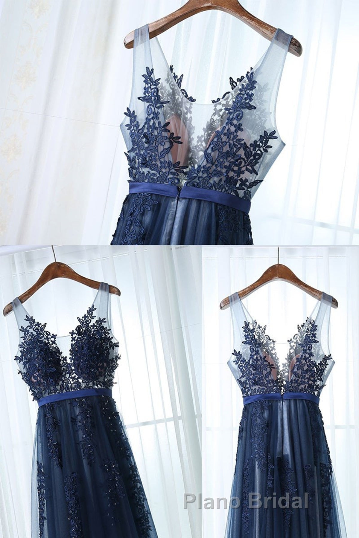 Dark Navy Blue Lace Formal Prom Dresses, Dark Navy Blue Lace Formal Bridesmaid Dresses