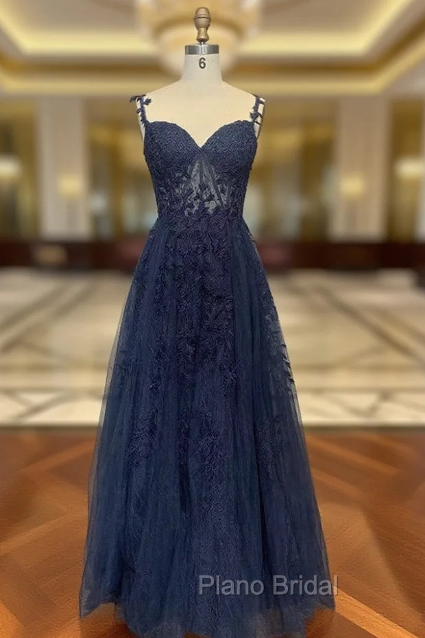 Dark Navy Blue Long Lace Formal Prom Dresses, Dark Navy Blue Long Lace Formal Evening Dresses Main image