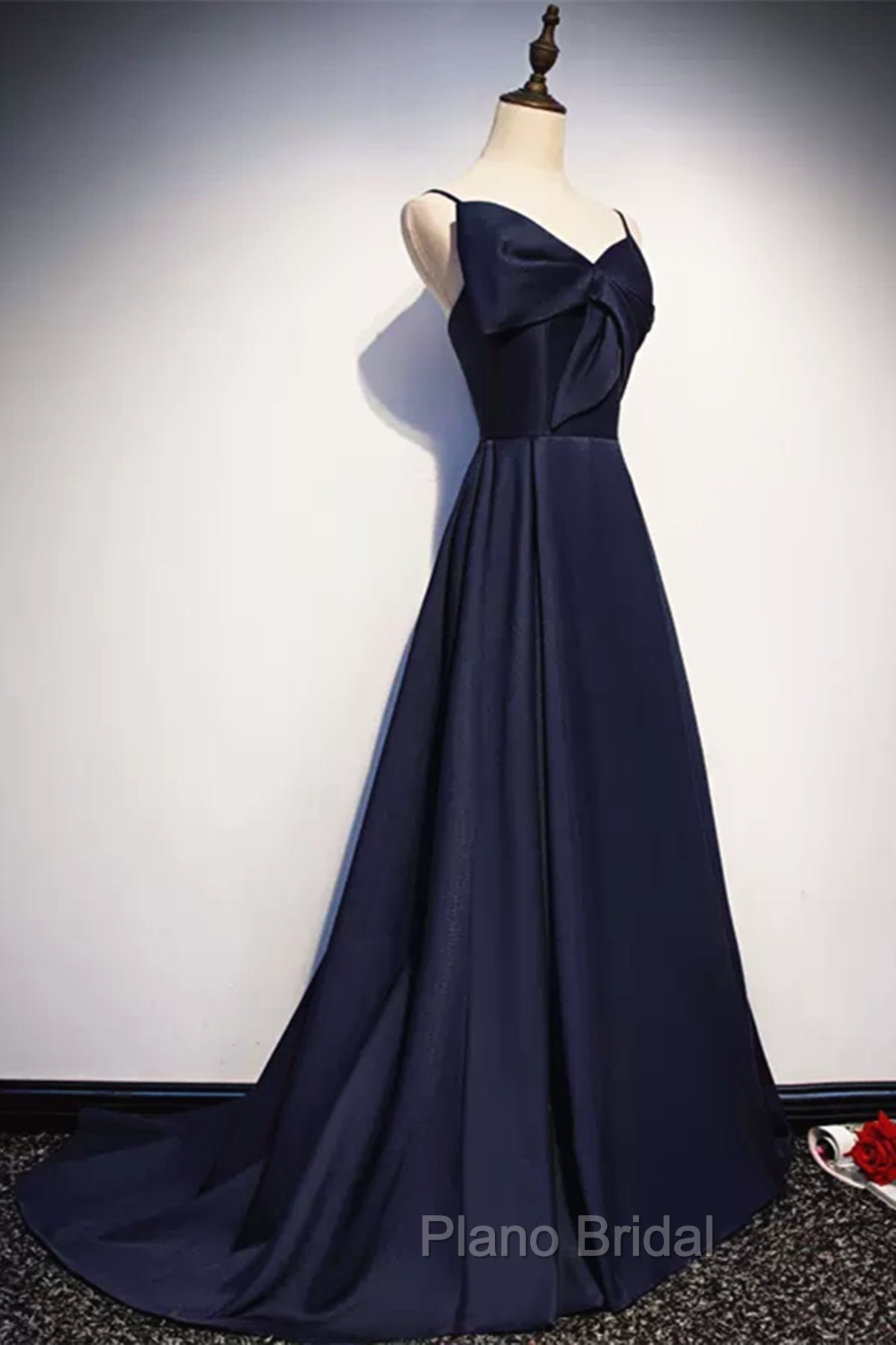 Dark Navy Blue Long Satin Formal Prom Dresses, Dark Navy Blue Long Formal Evening Dresses Secondary image