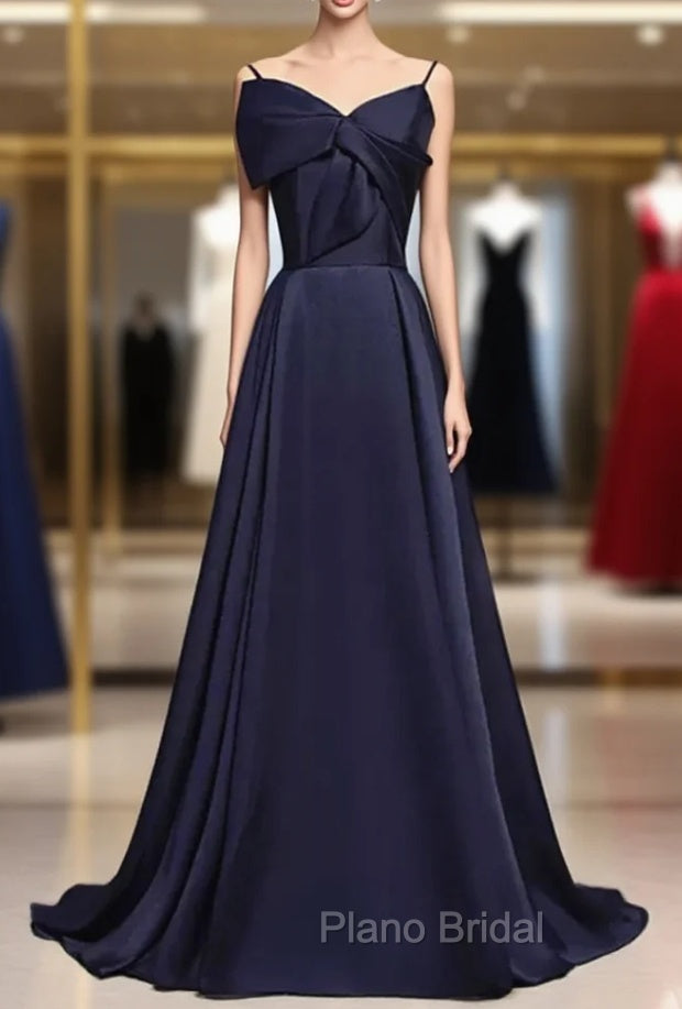 Dark Navy Blue Long Satin Formal Prom Dresses, Dark Navy Blue Long Formal Evening Dresses Main image