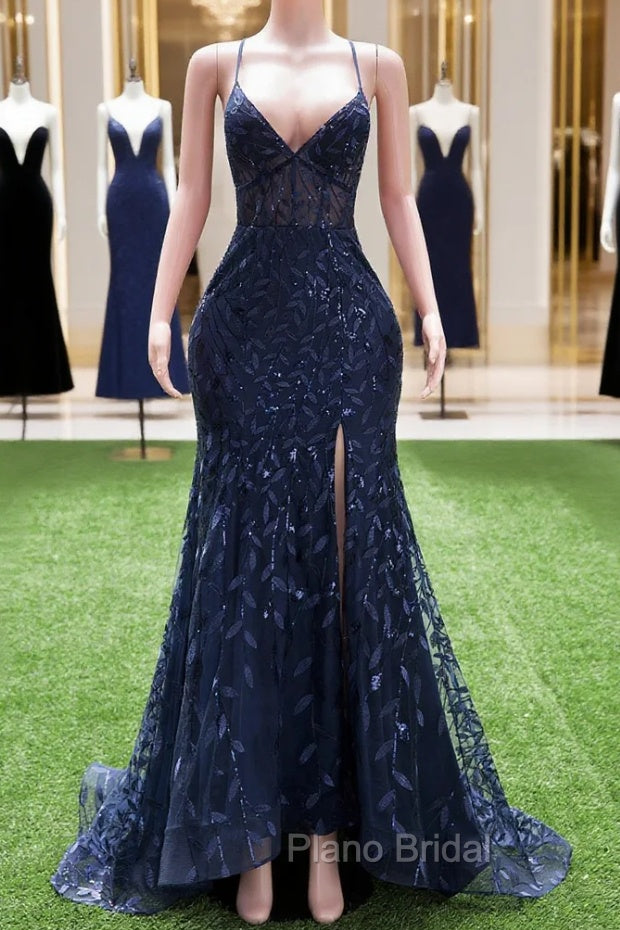 Dark Navy Blue Formal Prom Dresses Long Sequins Mermaid Women Tulle Evening Dresses Spaghetti Straps Main image