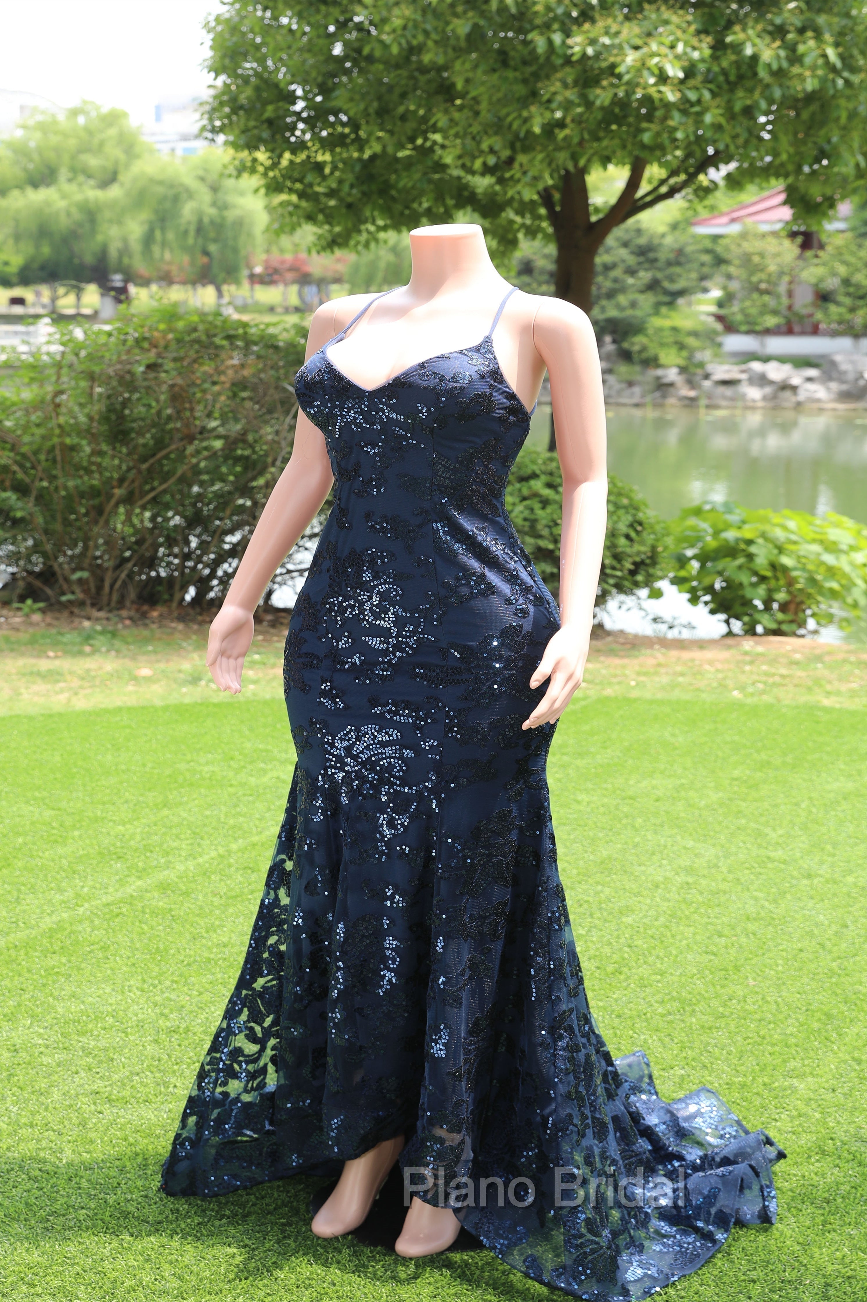 Dark Navy Blue Formal Prom Dresses Sequins Mermaid Tulle Long Evening Dresses Spaghetti Straps Secondary image