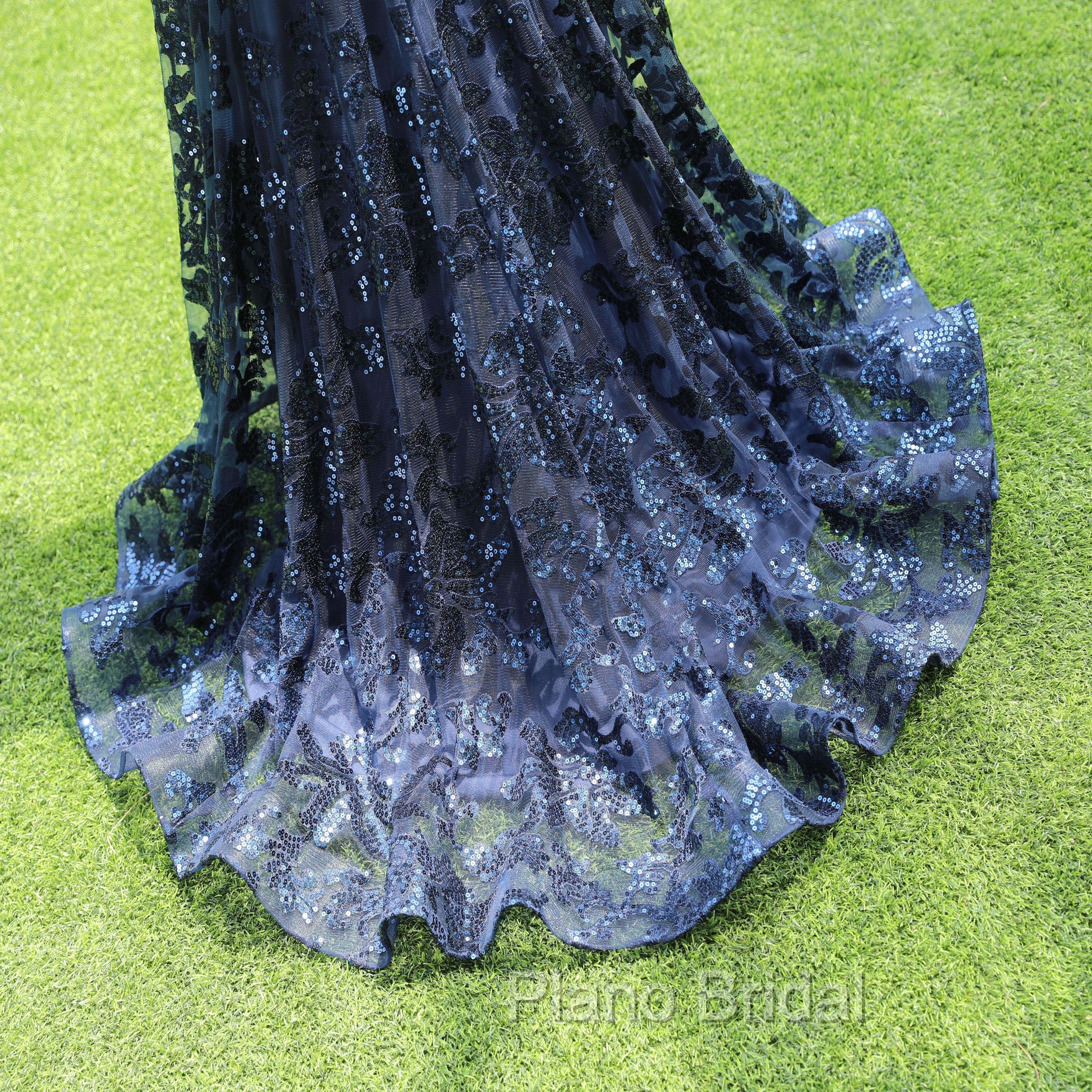 Dark Navy Blue Formal Prom Dresses Sequins Mermaid Tulle Long Evening Dresses Spaghetti Straps