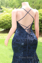 Dark Navy Blue Formal Prom Dresses Sequins Mermaid Tulle Long Evening Dresses Spaghetti Straps