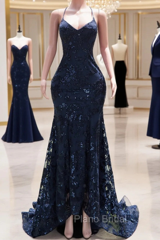 Dark Navy Blue Formal Prom Dresses Sequins Mermaid Tulle Long Evening Dresses Spaghetti Straps Main image