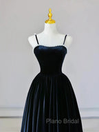 Dark Navy Blue Velvet Long Formal Prom Dresses, Dark Navy Blue Velvet Long Formal Evening Dresses