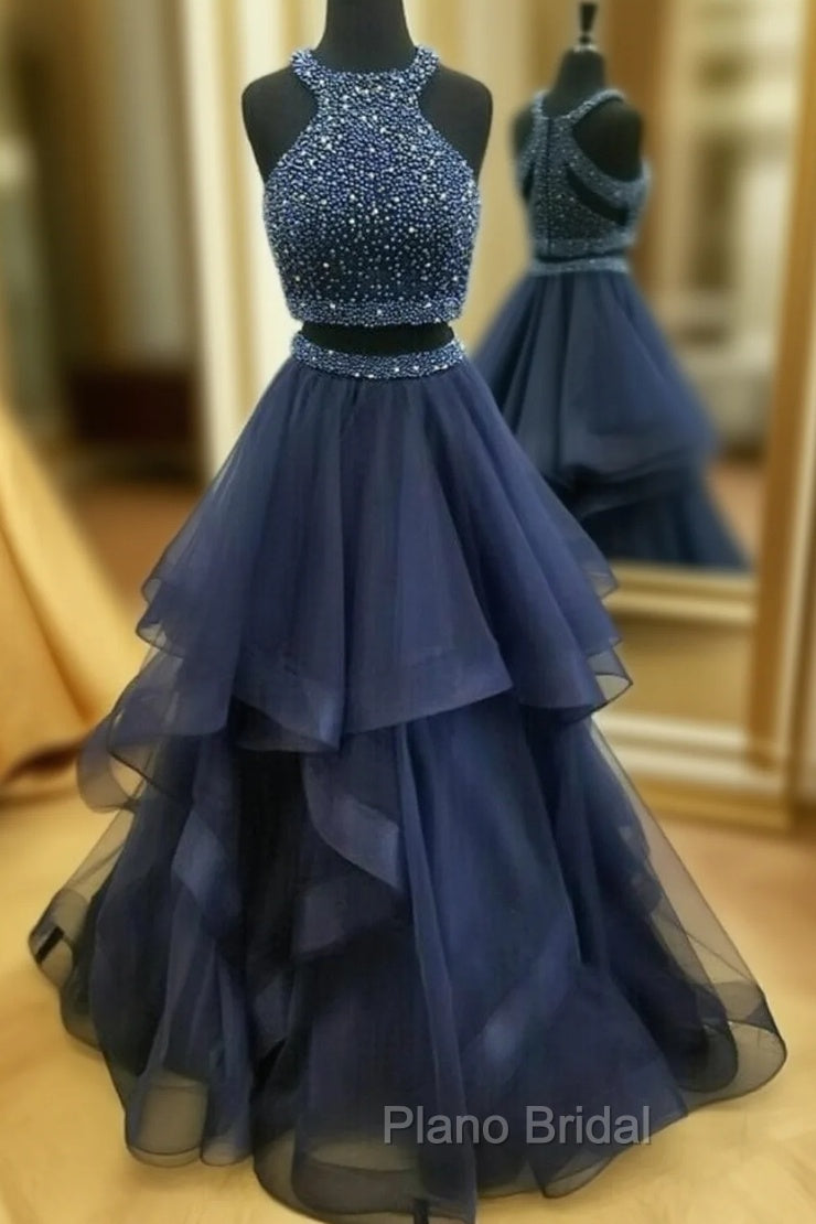 Dark Navy Halter Two Piece High Neck Tulle Beading Formal Prom Dresses Main image