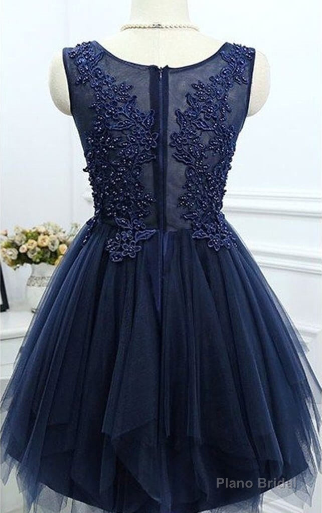 Dark Navy Jewel Sleeveless Homecoming Dresses,Appliques Beading A Line Tulle Semi Formal Dress Secondary image