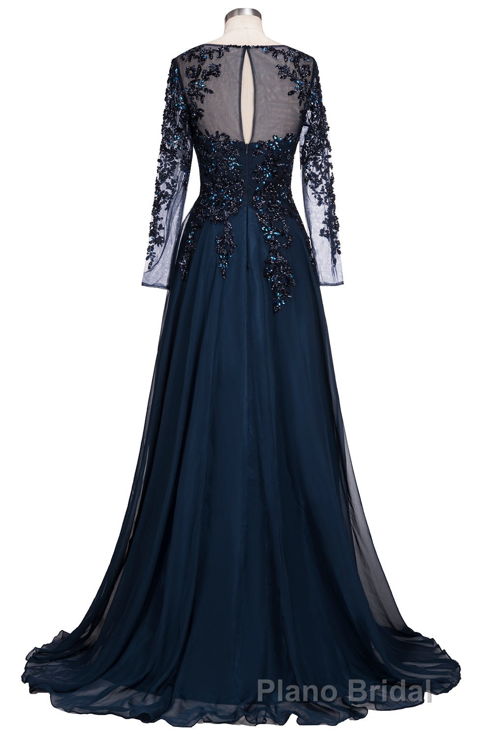 Dark Navy Long A-line Jewel Tulle Formal Evening Dresses with Sleeves