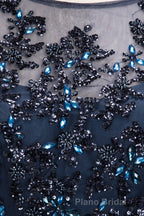 Dark Navy Long A-line Jewel Tulle Formal Evening Dresses with Sleeves