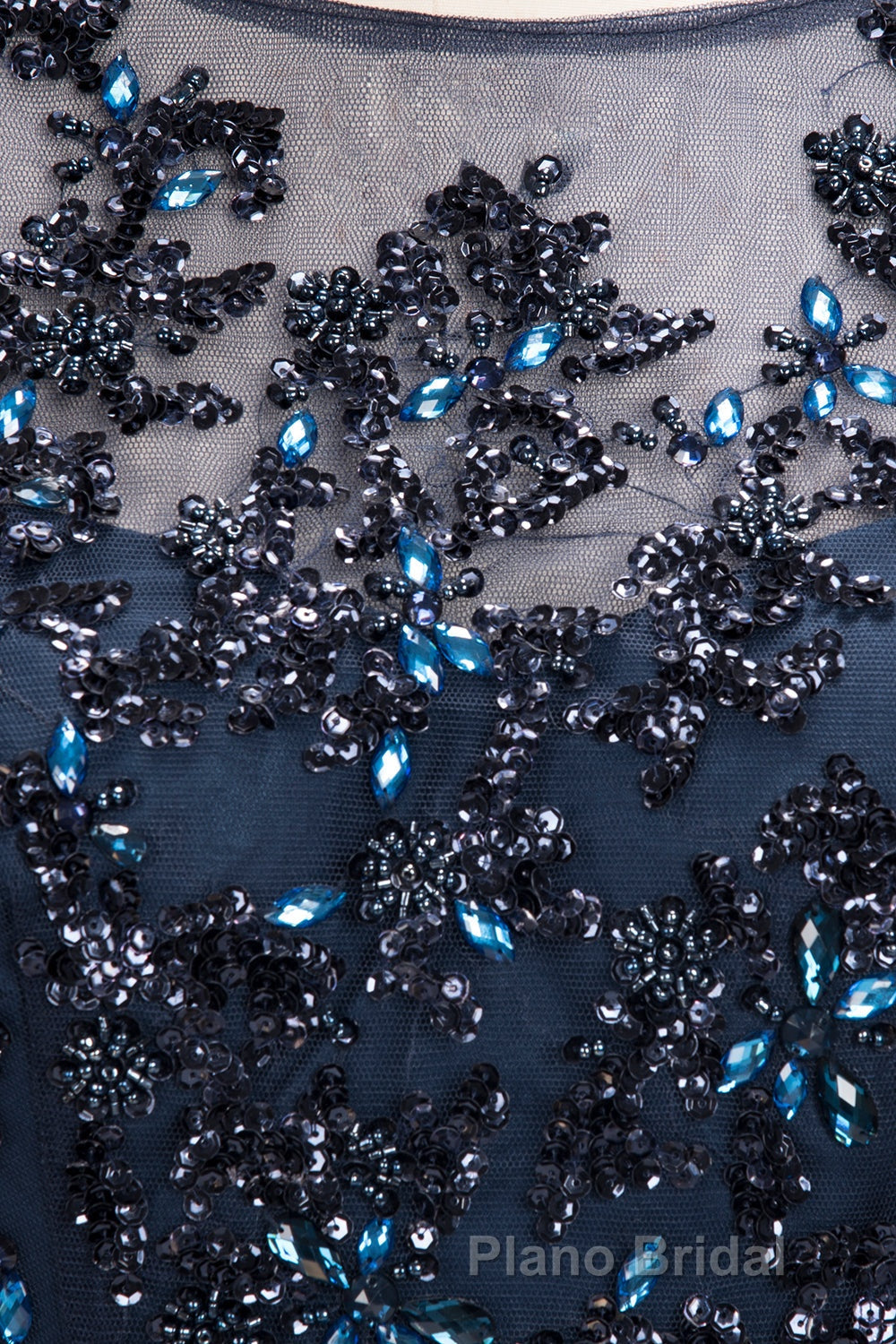 Dark Navy Long A-line Jewel Tulle Formal Evening Dresses with Sleeves