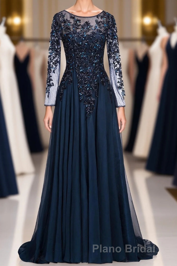 Dark Navy Long A-line Jewel Tulle Formal Evening Dresses with Sleeves Main image