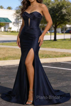 Dark Navy Mermaid Sweetheart Corset Long Prom Dress with Slit