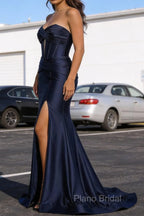 Dark Navy Mermaid Sweetheart Corset Long Prom Dress with Slit