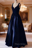 Dark Navy Formal Prom Dresses, A-line/Princess V Neck Sleeveless Long/Floor-Length Satin Formal Prom Dresses