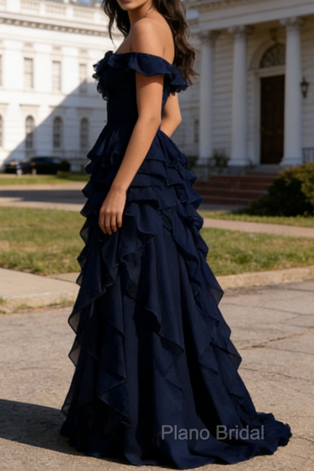 Dark Navy Ruffled A-Line Square Neck Long Prom Dress
