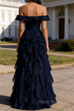 Dark Navy Ruffled A-Line Square Neck Long Prom Dress