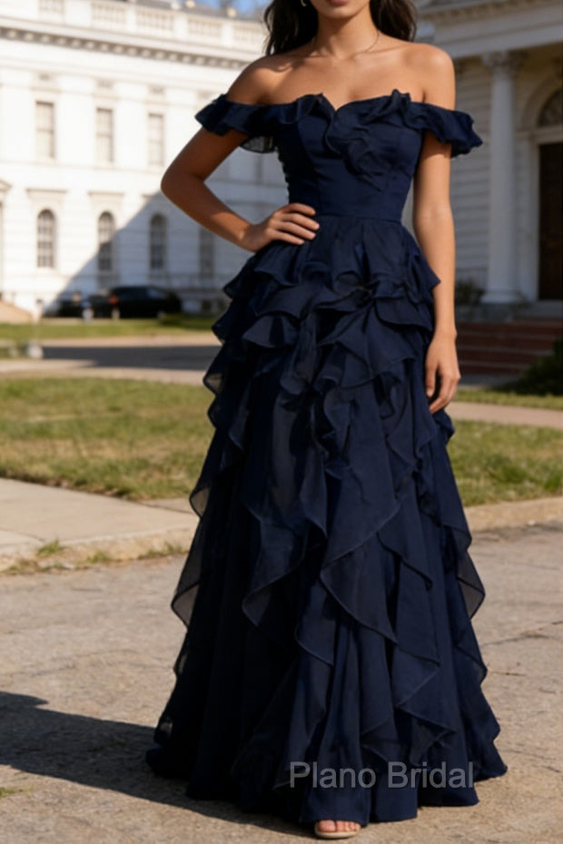 Dark Navy Ruffled A-Line Square Neck Long Prom Dress Main image
