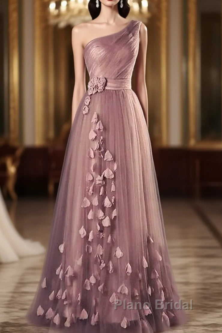 Dark Pink One Shoulder Flowers Tulle Bridesmaid Dresses, A-Line Pink Formal Prom Dresses