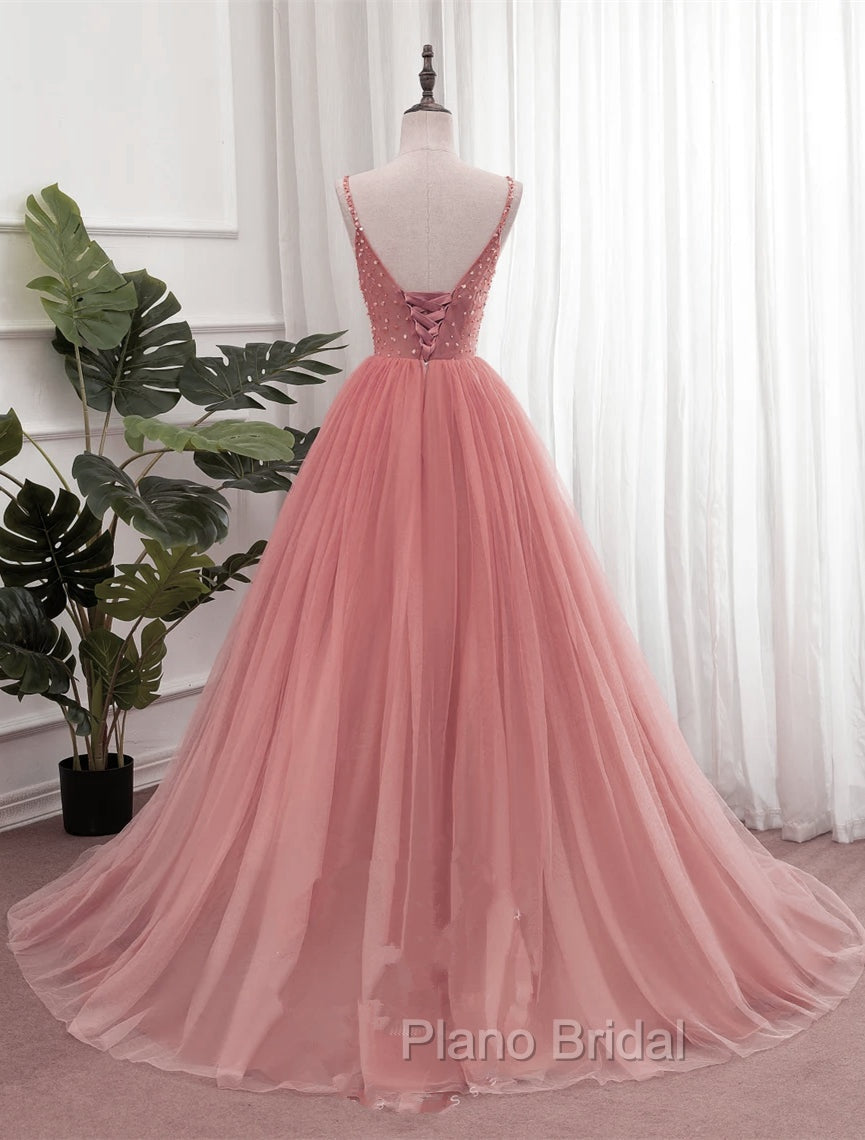 Dark Pink Sequins V-neckline Straps Long Evening Dresses, Tulle Pink Formal Prom Dresses Secondary image