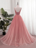 Dark Pink Sequins V-neckline Straps Long Evening Dresses, Tulle Pink Formal Prom Dresses