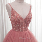 Dark Pink Sequins V-neckline Straps Long Evening Dresses, Tulle Pink Formal Prom Dresses