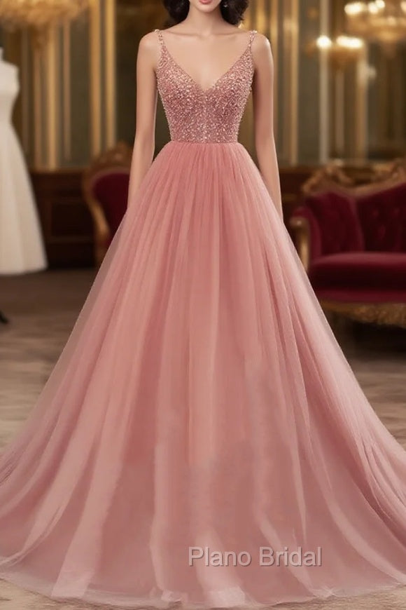 Dark Pink Sequins V-neckline Straps Long Evening Dresses, Tulle Pink Formal Prom Dresses
