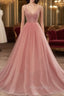 Dark Pink Sequins V-neckline Straps Long Evening Dresses, Tulle Pink Formal Prom Dresses