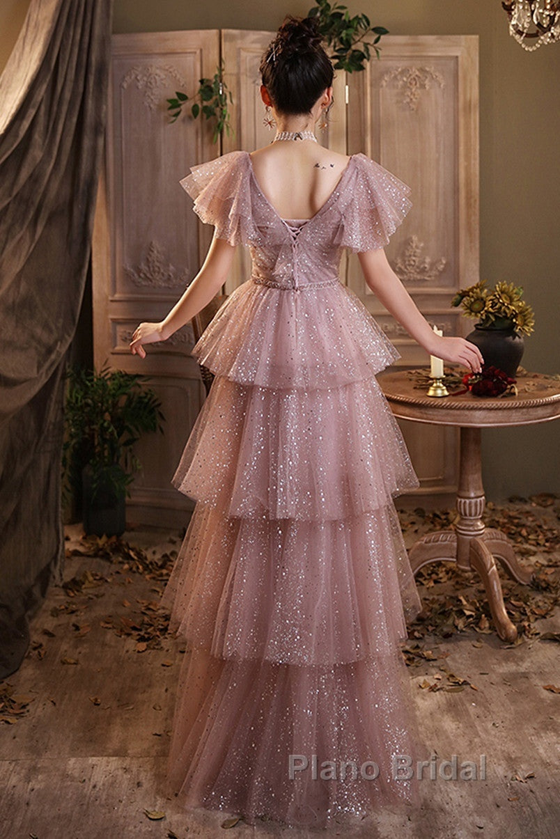 Dark Pink Shiny Tulle Short Sleeves Party Dresses, Beaded Pink Tulle Formal Prom Dresses