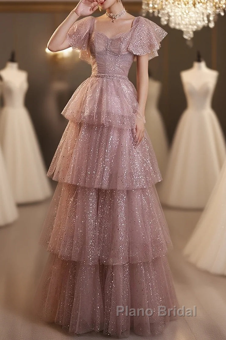 Dark Pink Shiny Tulle Short Sleeves Party Dresses, Beaded Pink Tulle Formal Prom Dresses Main image