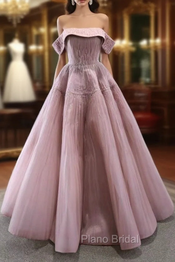 Dark Pink Tullle Strapless Pleats Beading Formal Prom Dresses Main image